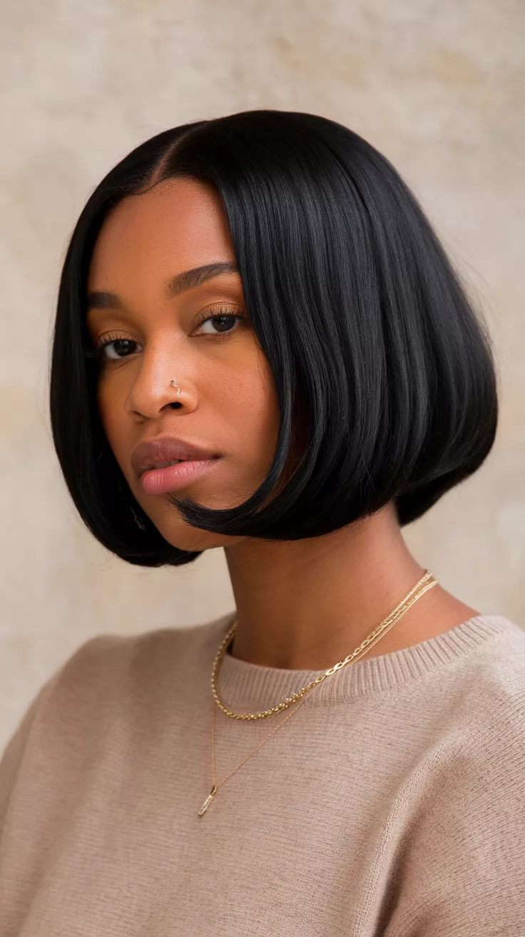 A photo of a 28-year-old black woman with glossy jet black colored short bob haircut, front view.