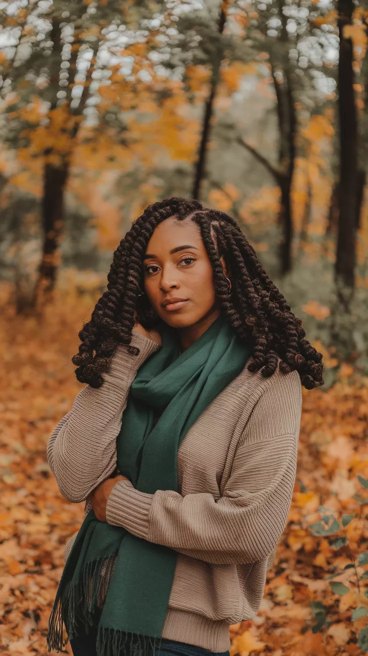 Finger Coils A photo of a 26-year-old black woman with finger coils hairstyle, fall background.