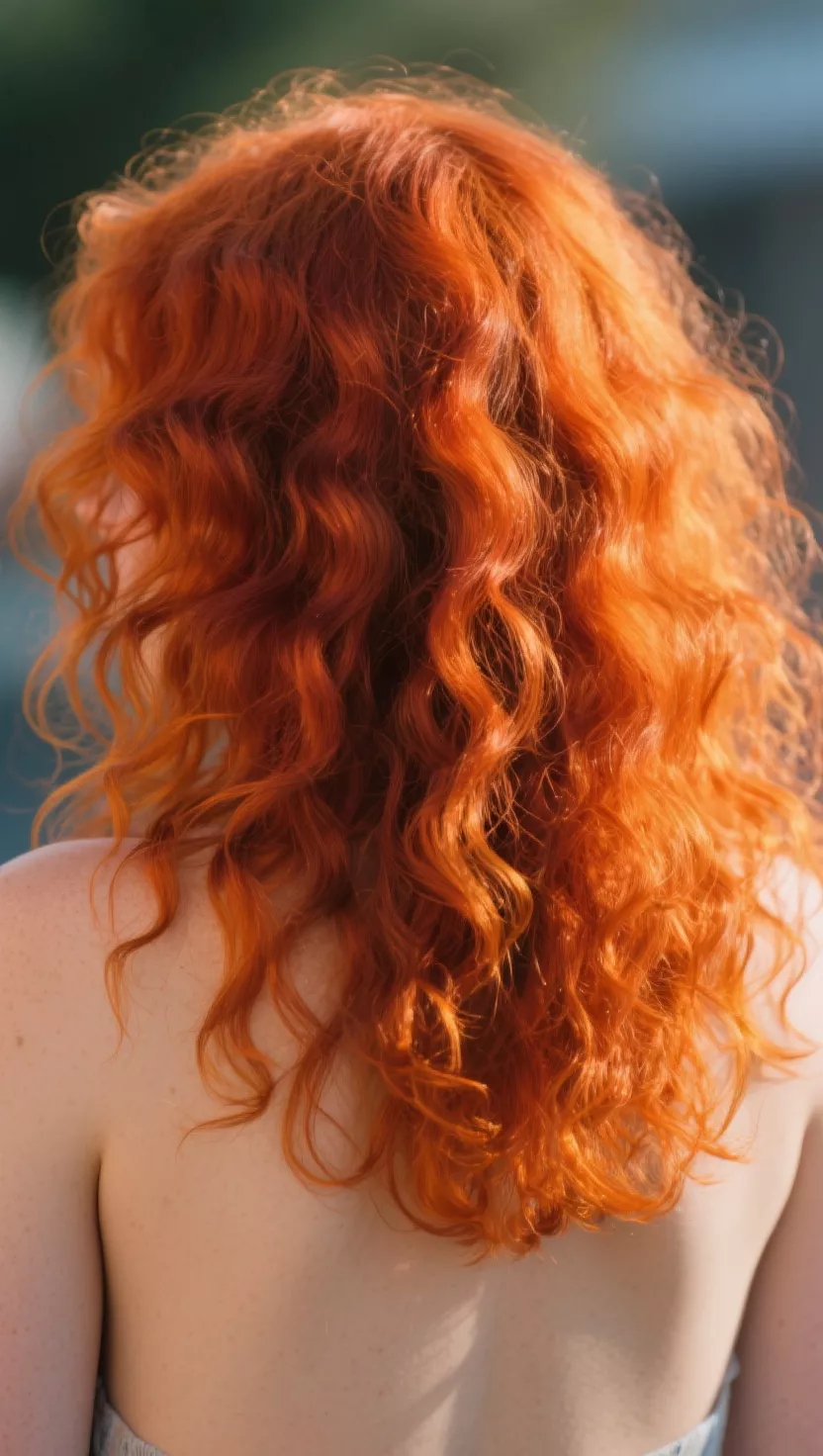 A photo of a 25-year-old woman with a bright, lively copper hair color with strong orange undertones, making it very vibrant and warm, colored medium-length, curly hair, back view.