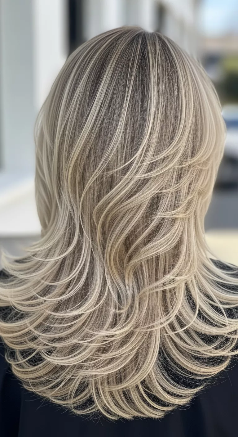 Shadow Root Blonde A photo of a 25-year-old woman with a shadow root blonde, featuring darker, natural roots blending into a lighter blonde, colored long, layered hair, back view.
