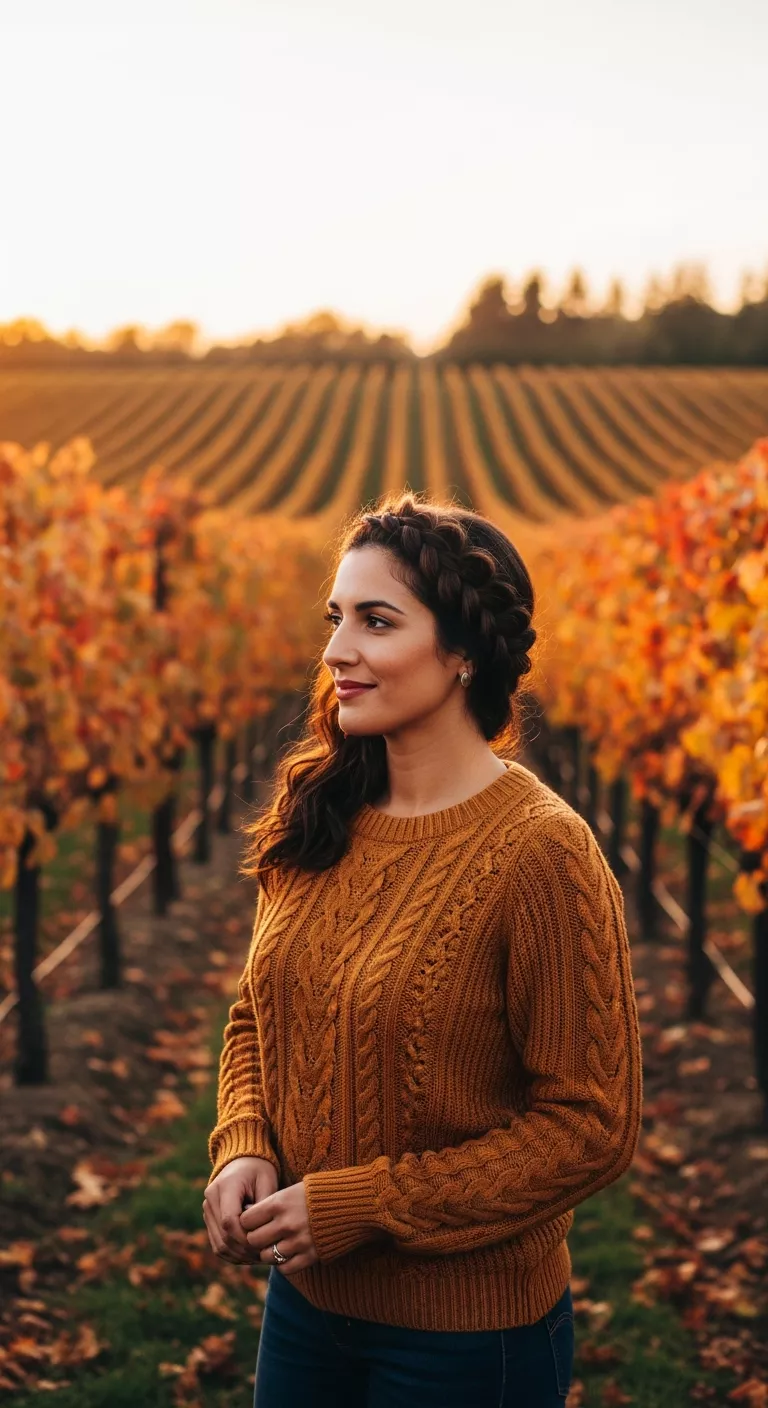 Braided Crown A photo of a 30-year-old woman with a braided crown hairstyle, autumn vineyard background.