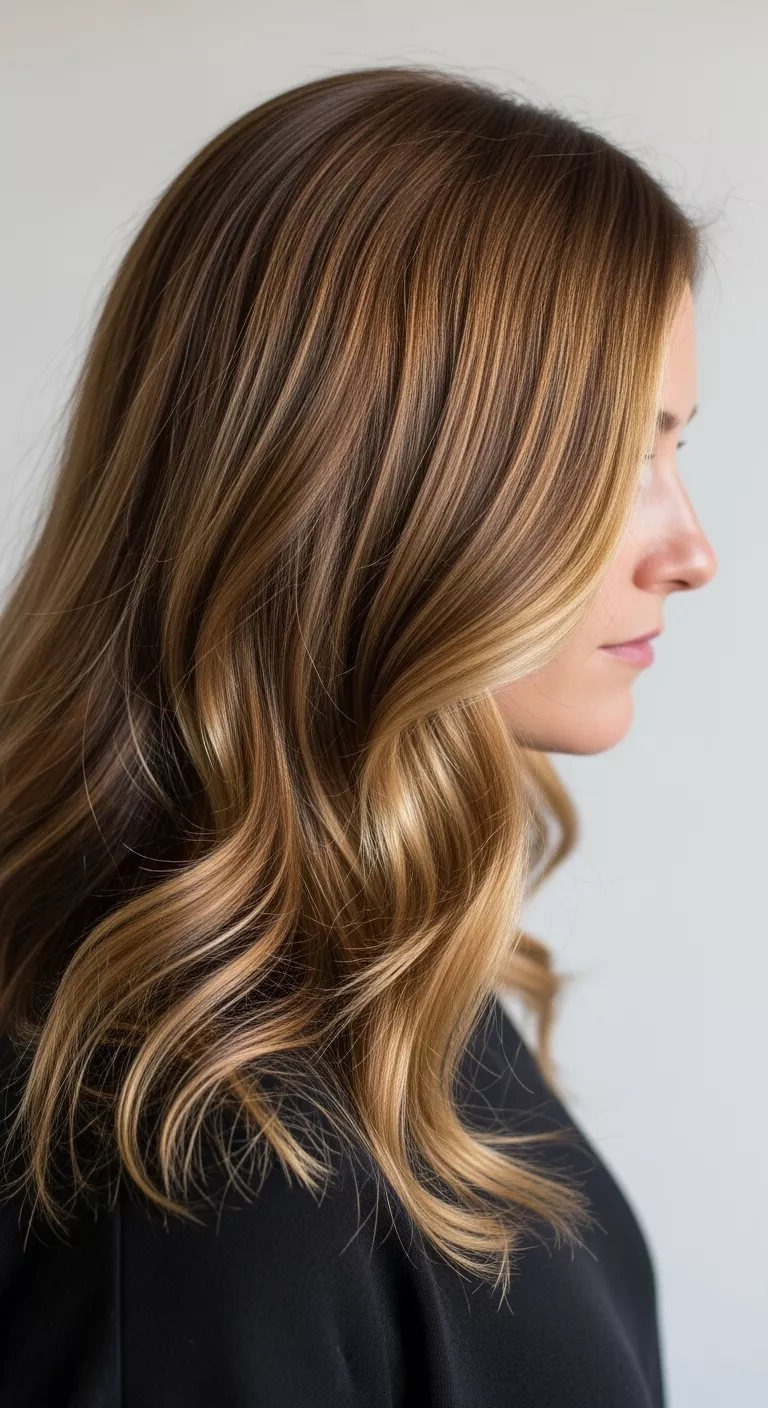 Dark Golden Blonde A photo of a 33-year-old woman with a rich, deep dark golden blonde with warm, buttery highlights colored long, wavy hair, side view.