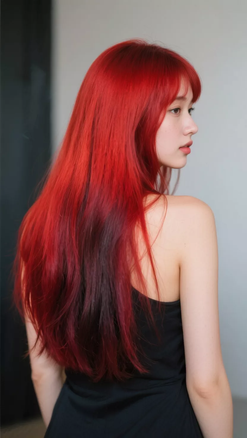 A photo of a 22-year-old woman with a vibrant red hair color that transitions into deeper, darker roots, creating a soft, natural gradient, colored long, straight hair, back view.