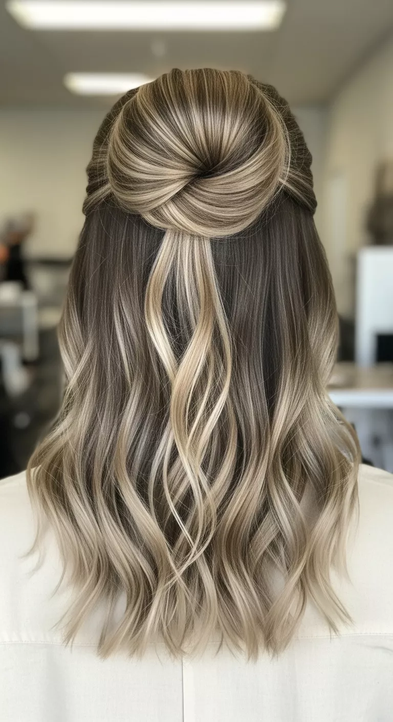 Dust Bronde A photo of a 24-year-old woman with an earthy, muted dust bronde, blending light brown and cool blonde shades colored messy bun, back view.