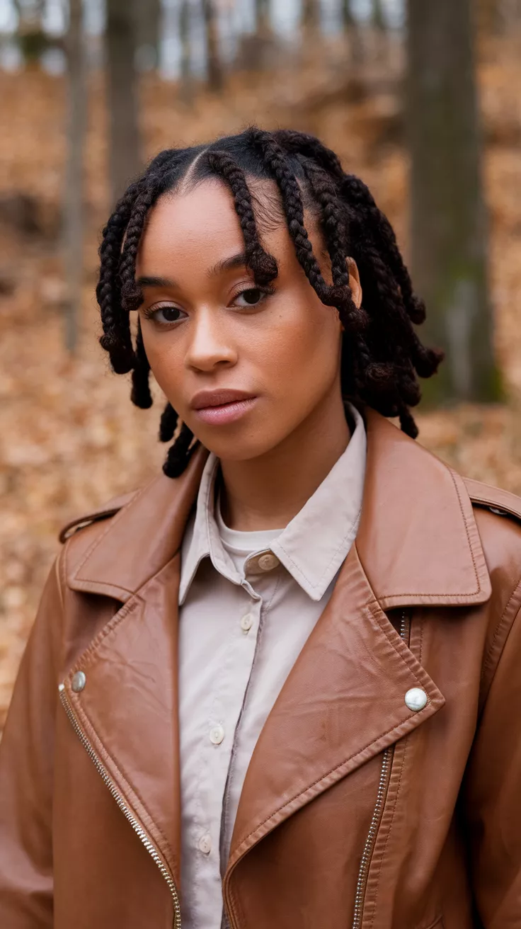 Bantu Knots A photo of a 24-year-old black woman with bantu knots, fall background.