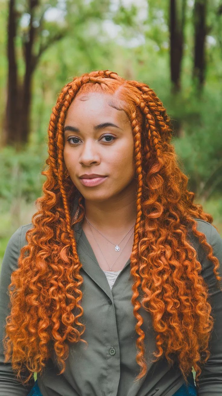 A photo of a 25-year-old black woman with a bright copper colored curly hair, back view.