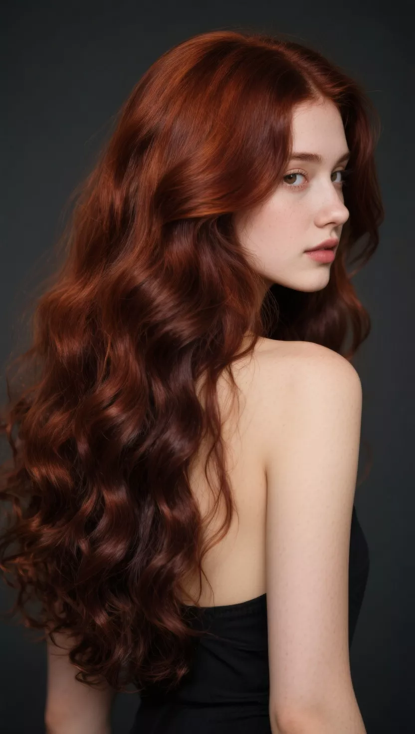 A photo of a 20-year-old woman with a deep, rich auburn hair color with prominent chocolate brown undertones, creating a luxurious and warm shade, colored long, loose curls, back view.