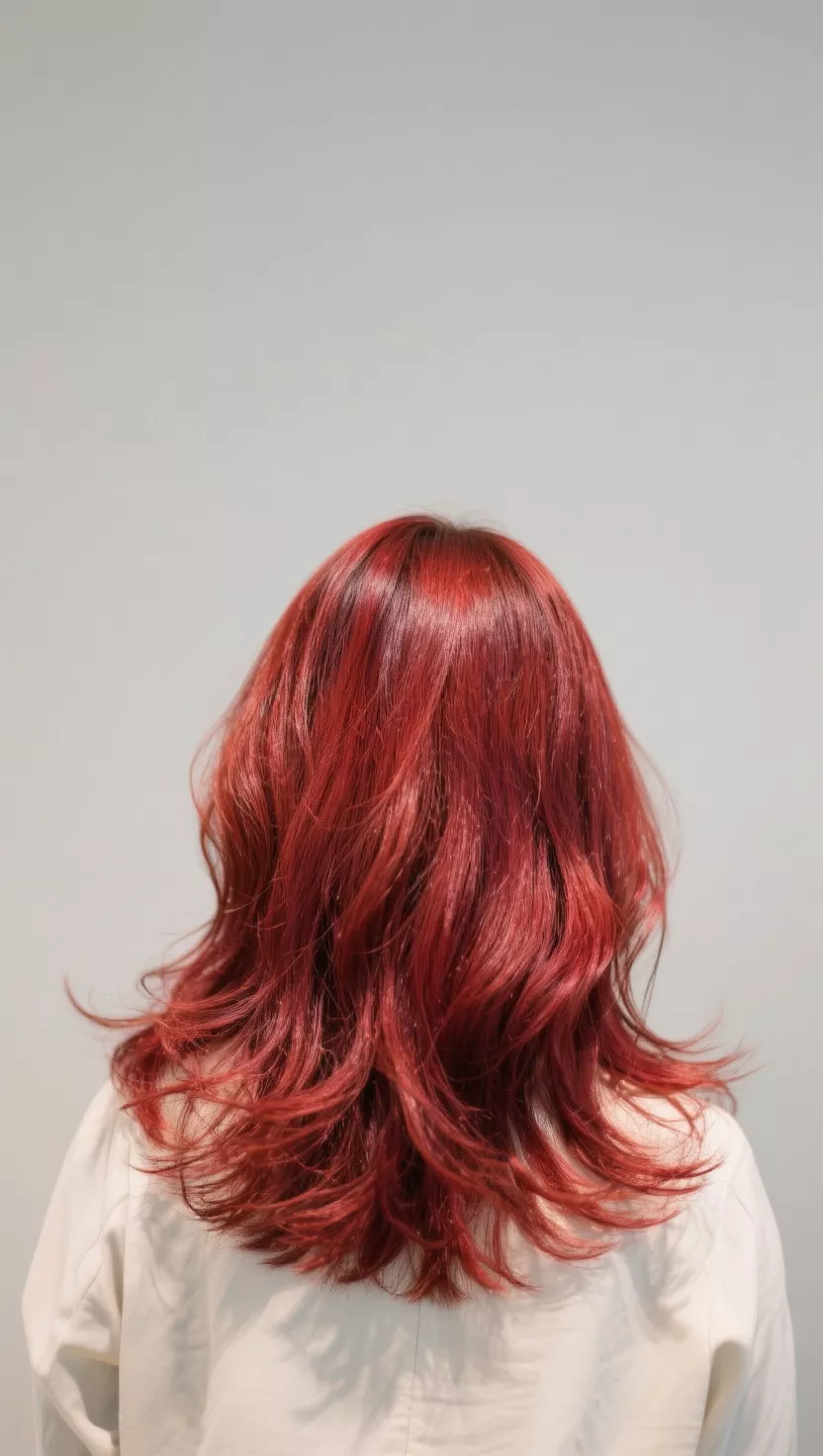 A photo of a 30-year-old woman with a red hair color, cut in layers to create volume and movement, making the hair look full and lively, colored long, layered hair, back view.