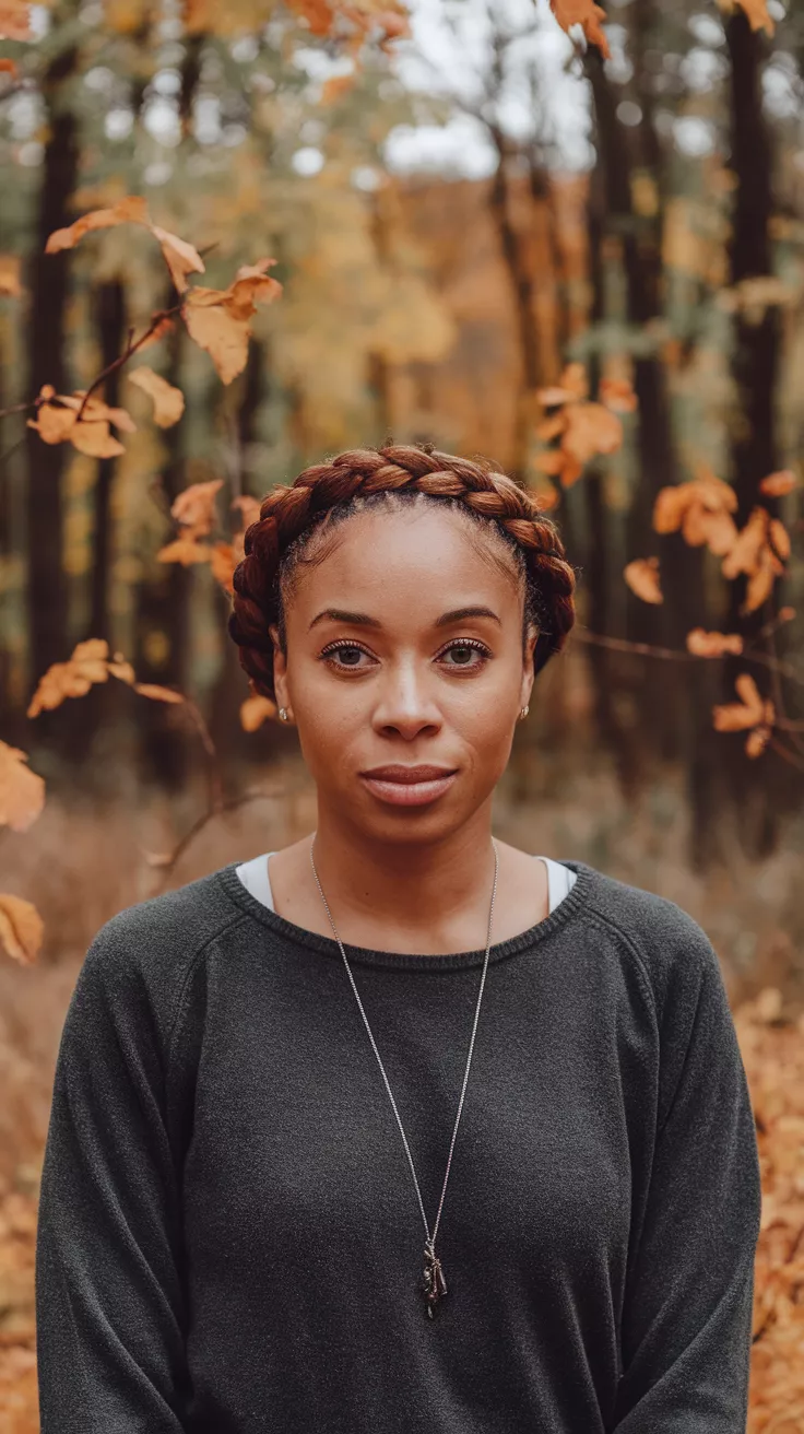 Crown Braid A photo of a 32-year-old black woman with crown braid, fall background.