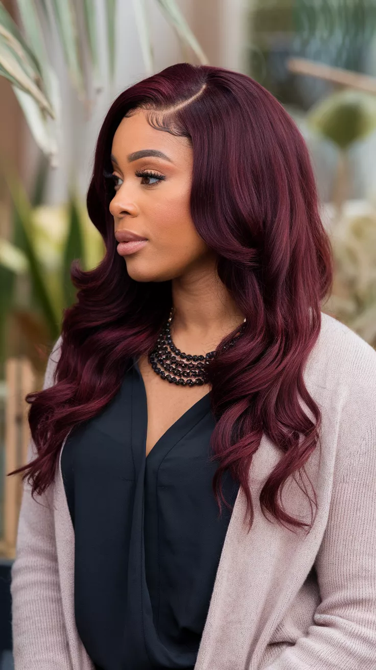A photo of a 32-year-old black woman with a deep burgundy wine colored long wavy hair, side view.