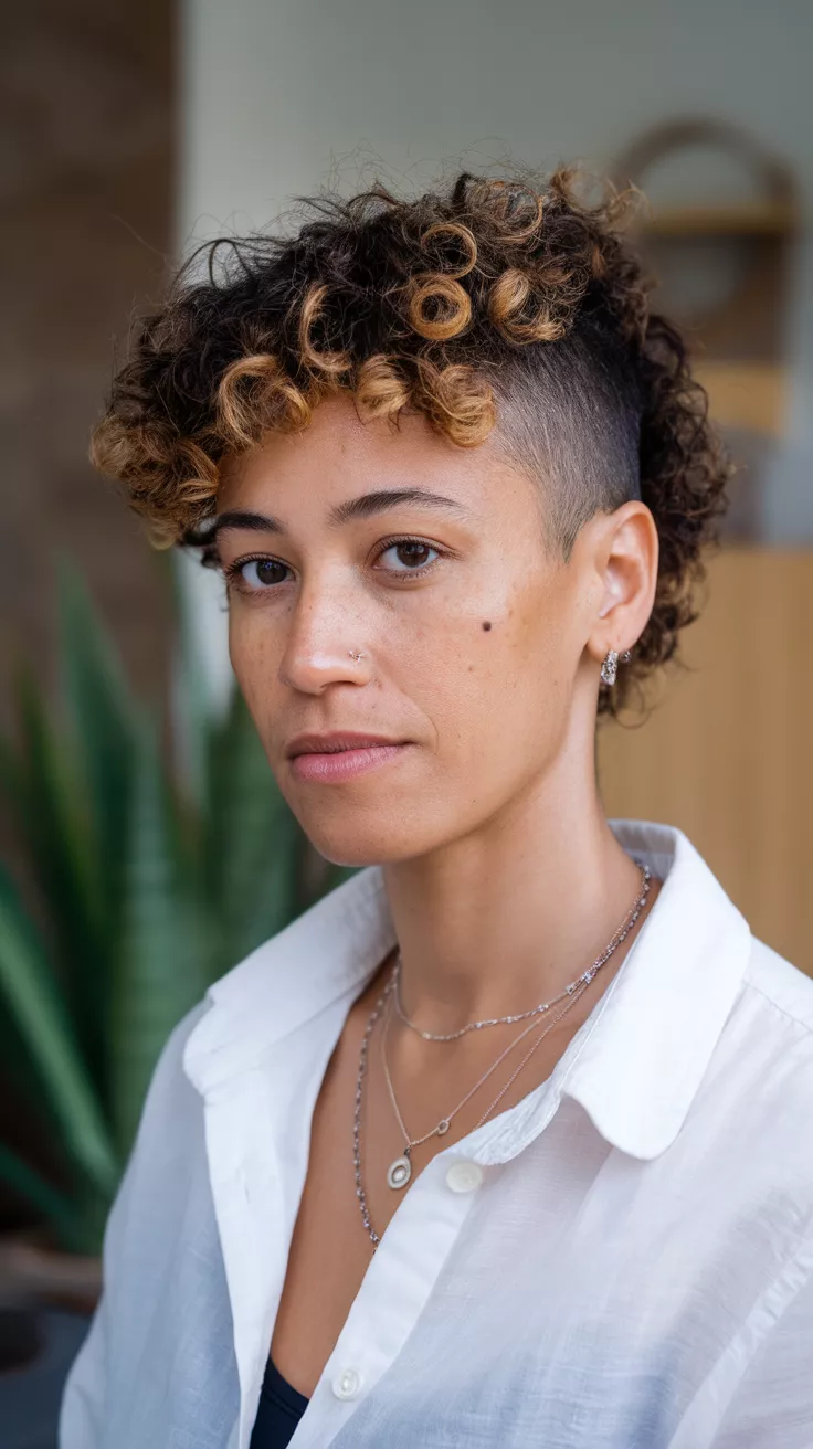 Curly Hair with Undercut A beautiful 38-year-old woman with a curly hair with undercut.