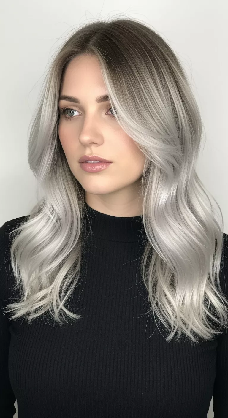 Icy Blonde Balayage A photo of a 30-year-old woman with a cool icy blonde balayage, featuring hand-painted icy highlights on a darker base colored long, wavy hair, front view.