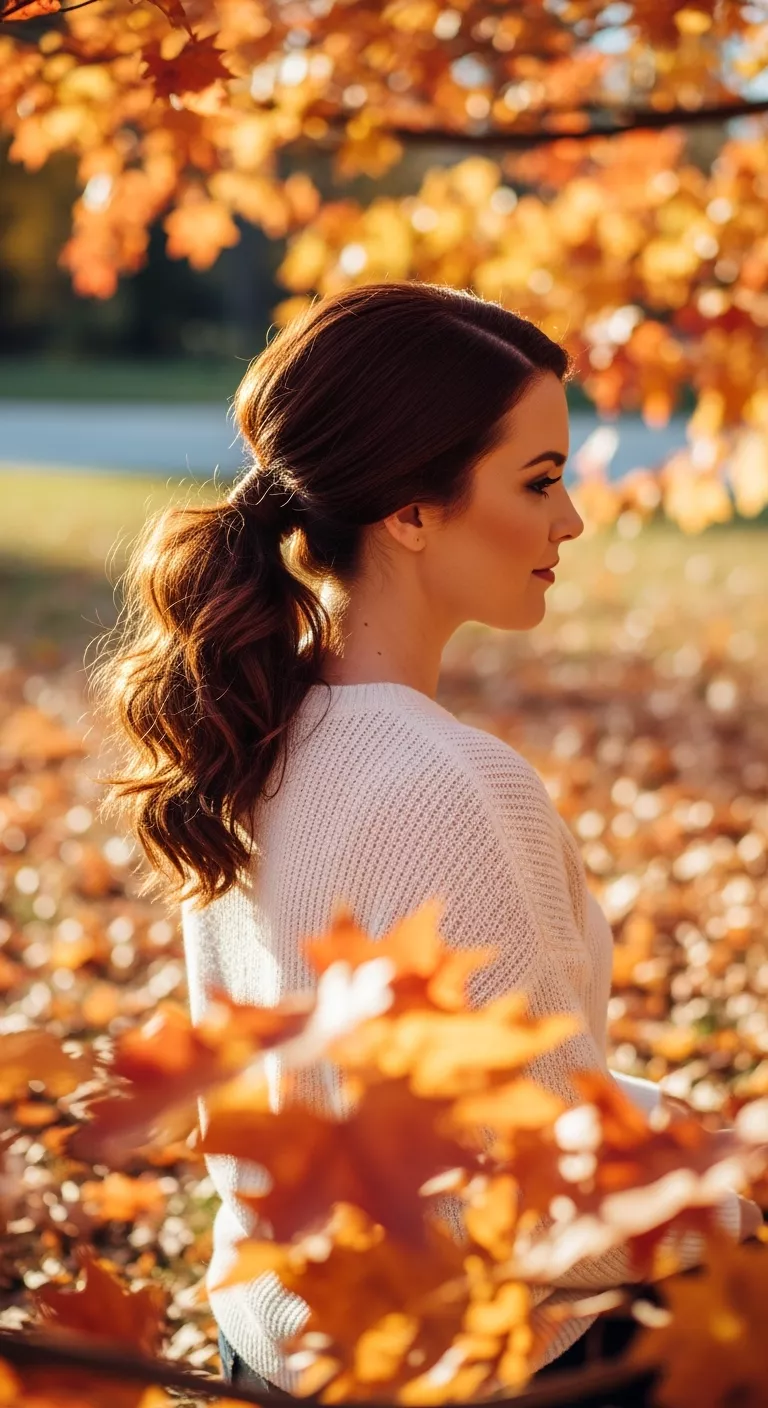 Low Ponytail with Volume A photo of a 28-year-old woman with a low ponytail with volume hairstyle, autumn leaves background.