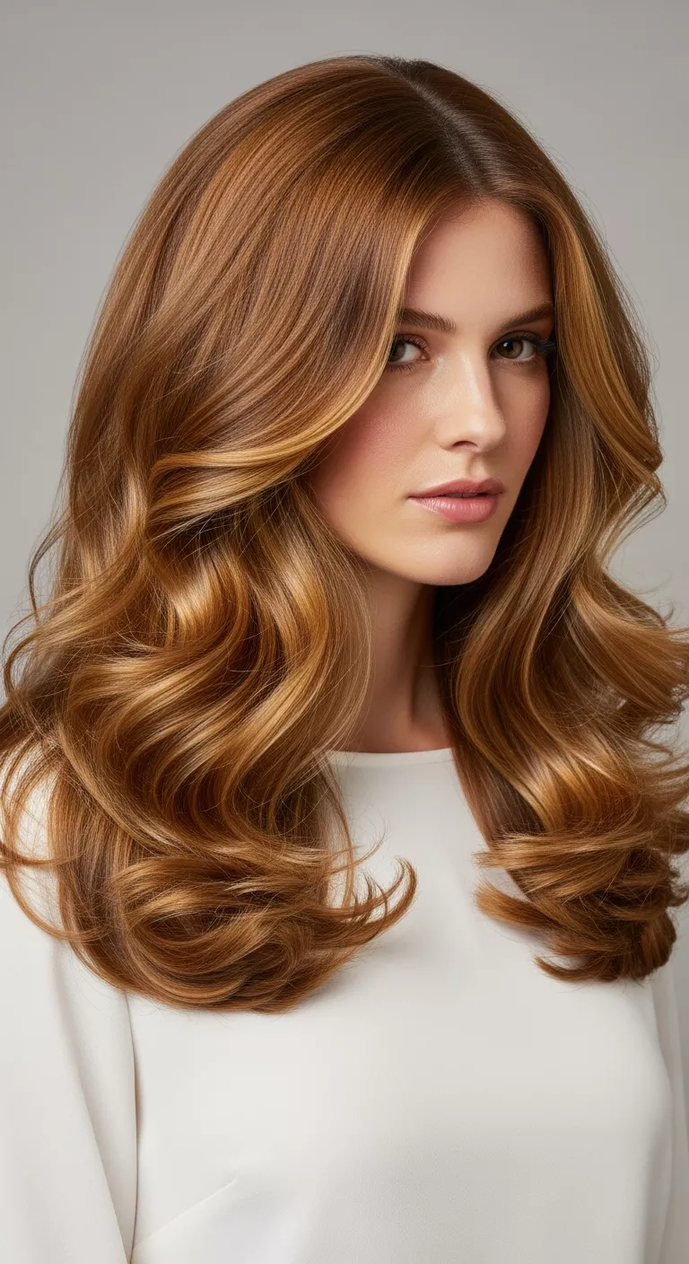 Caramel Blonde A photo of a 31-year-old woman with a rich, warm caramel blonde with golden undertones colored long, voluminous curls, front view.