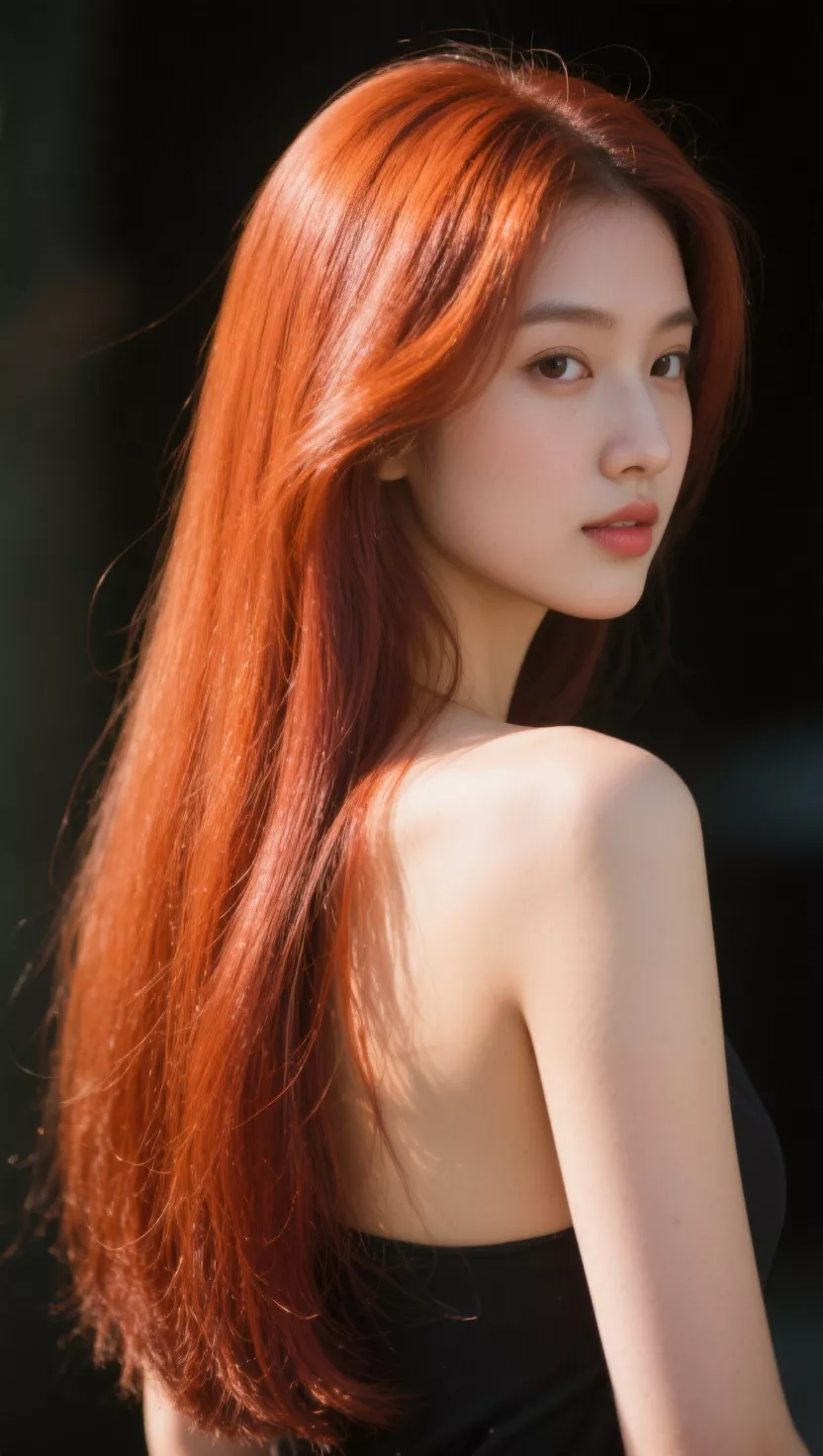A photo of a 27-year-old woman with a smooth, glossy, and refined copper hair color that reflects light beautifully, colored long, straight hair, back view.