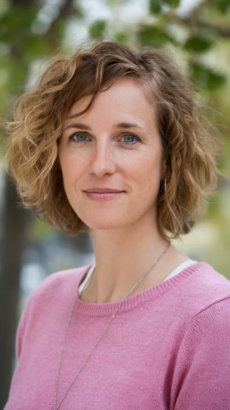 Layered Curly Bob A beautiful 28-year-old woman with a layered curly bob.