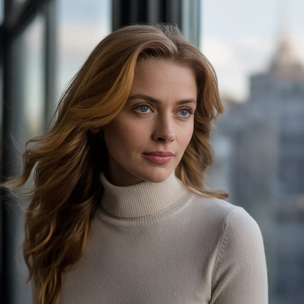 Golden Brown A 30-year-old woman with a golden brown colored long straight hair and blue eyes.