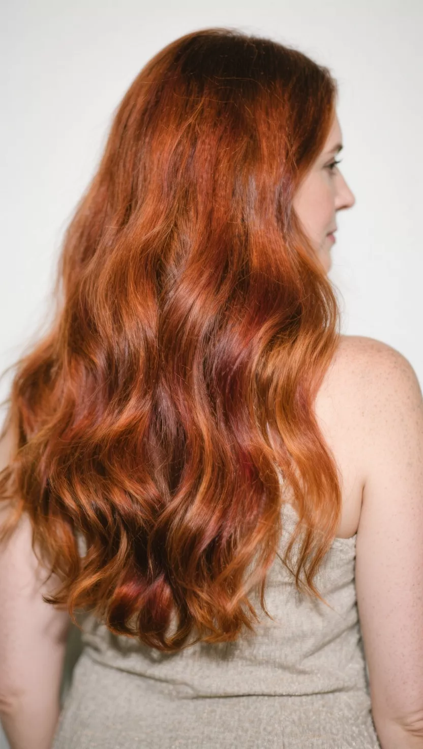 A photo of a 30-year-old woman with a copper hair color featuring multiple shades and tones, giving it depth and dimension, colored long, wavy hair, back view.