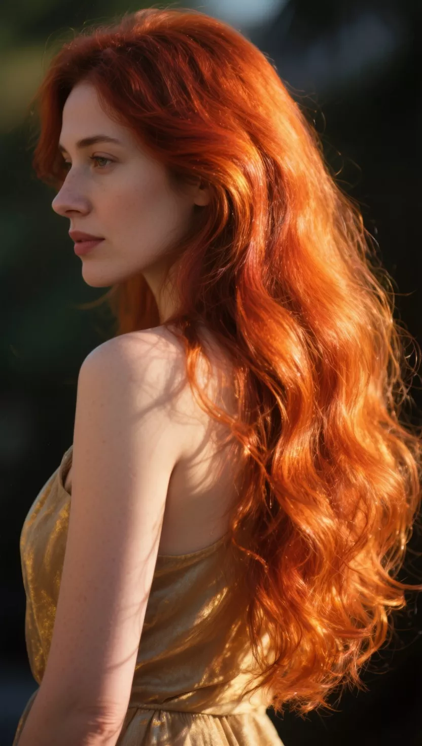 A photo of a 32-year-old woman with a vibrant copper hair color infused with luxurious golden tones, creating a luminous and multi-dimensional effect, colored long, wavy hair, back view.