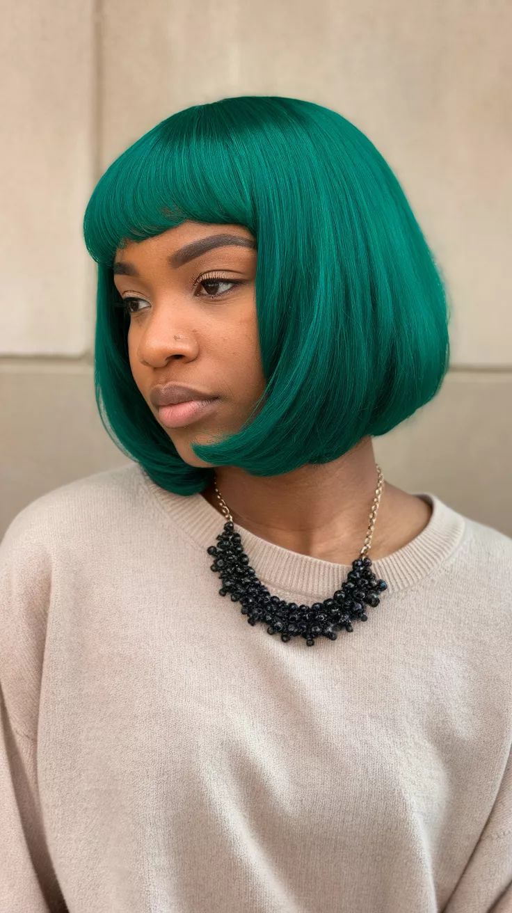 A photo of a 28-year-old black woman with emerald green colored bob haircut, front view.