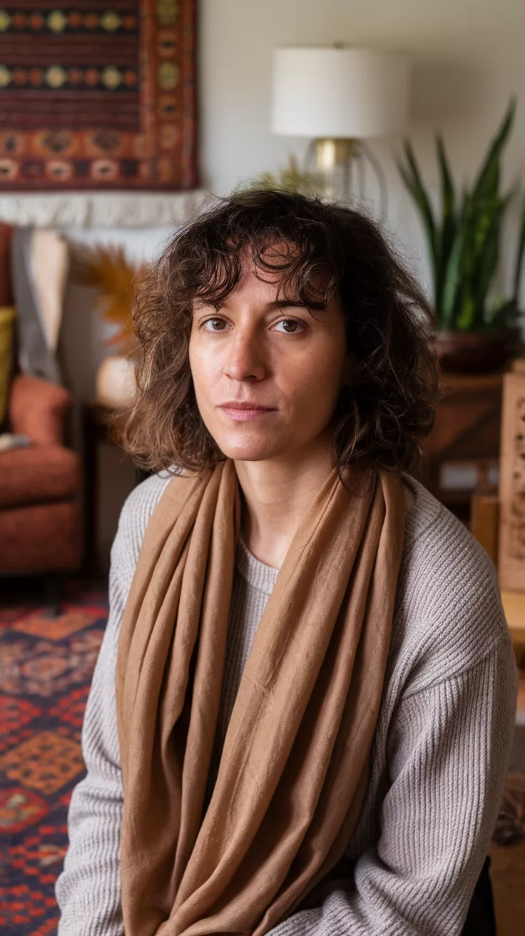 Curly Bangs with Shoulder-Length Hair A beautiful 33-year-old woman with a curly bangs with shoulder-length hair.