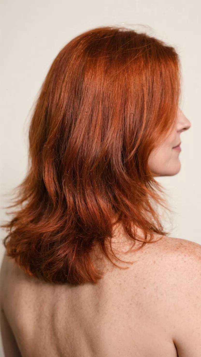 A photo of a 35-year-old woman with a warm, reddish-brown copper hair color, resembling the hue of new penny, colored medium-length, layered hair, back view.
