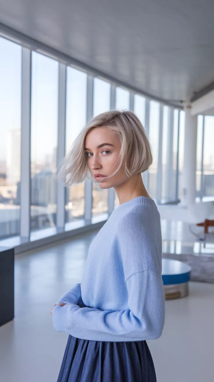 Modern Short Bob A photo of a 21-year-old woman with a modern short bob, minimalist apartment with large windows and city views.