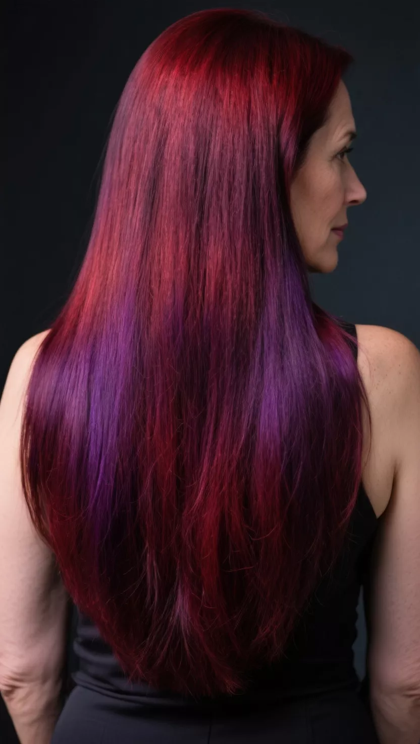 A photo of a 38-year-old woman with a dark red hair color with strong purple or violet undertones, creating a rich, jewel-toned hue, colored long, sleek hair, back view.