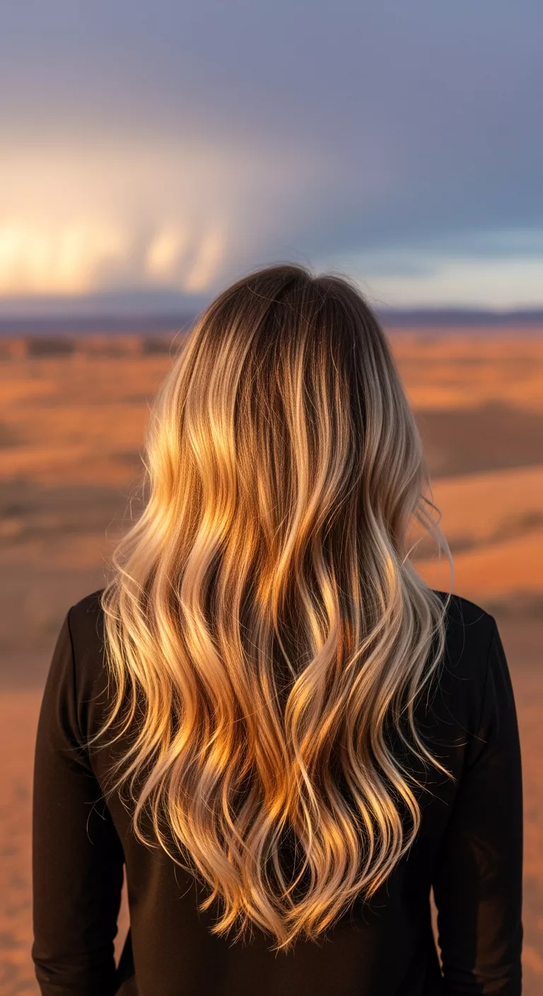 Desert Sandstorm Blonde A photo of a 26-year-old woman with a multi-tonal desert sandstorm blonde, blending warm beiges and cool sands colored long, wavy hair, back view.