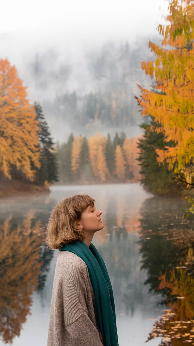 Soft Shag A photo of a 34-year-old woman with a soft shag, a serene lake with misty autumn morning.