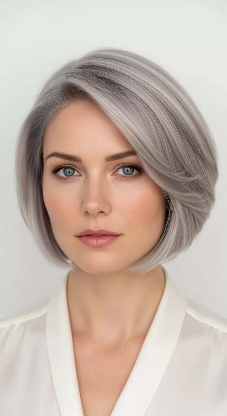 Silver Blonde A photo of a 34-year-old woman with a shimmering, cool-toned silver blonde colored sleek, short bob, front view.