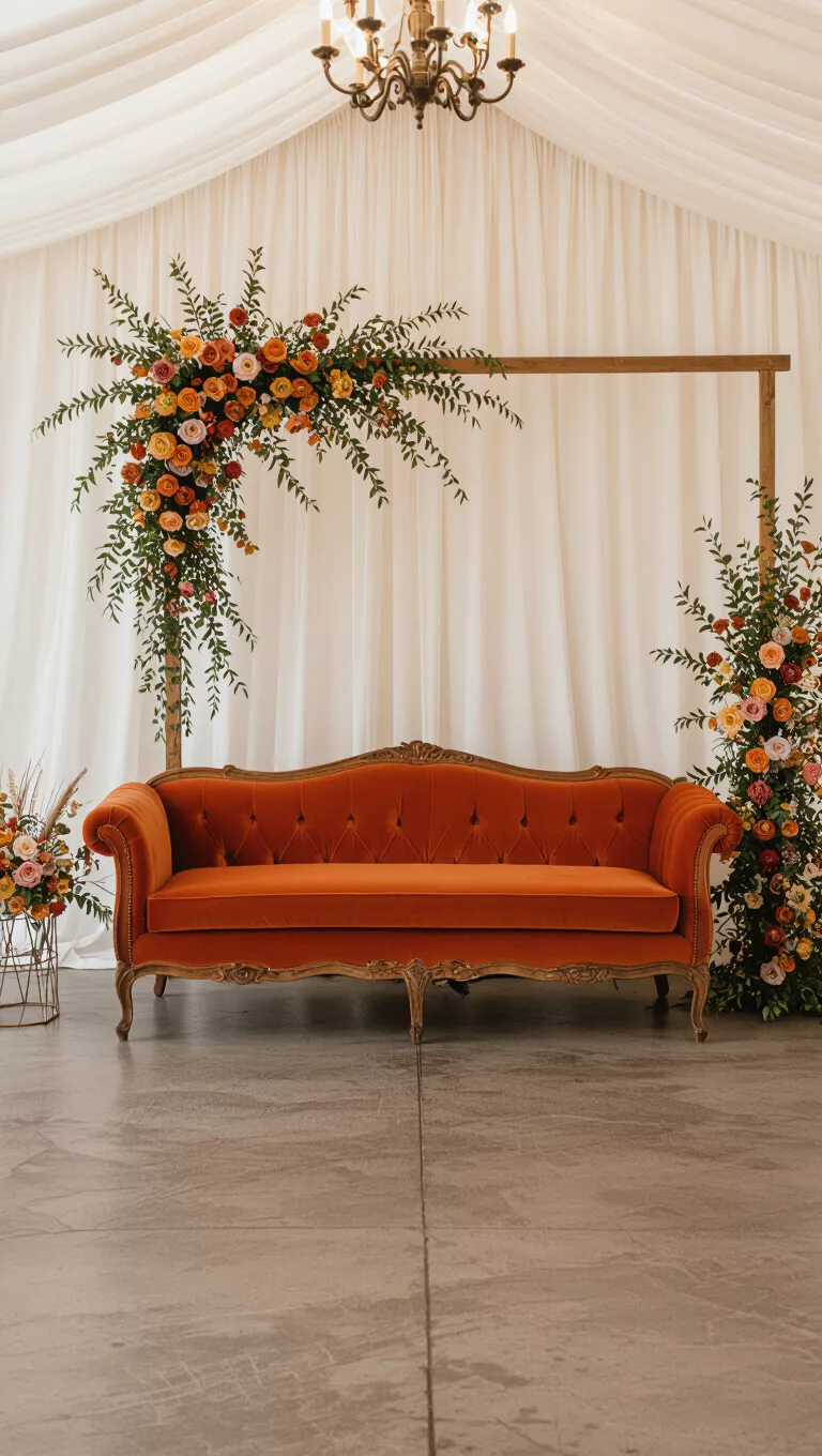 A professional photo, similar to a photo in a wedding magazine, of a rust-colored velvet couch set up as a lounge area for a wedding reception.