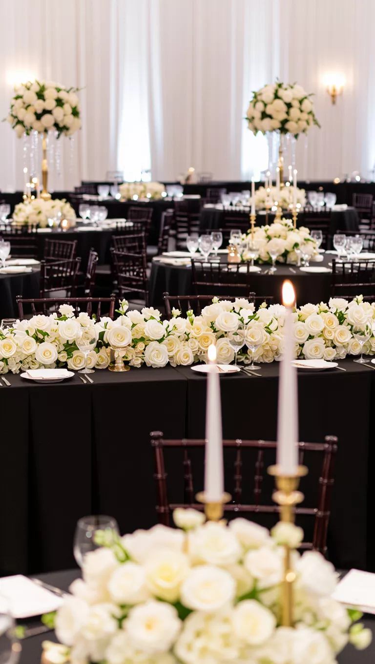 A professional photo, similar to a photo in a wedding magazine, of elegant black tablecloths with white floral arrangements and gold candelabras on a reception table.