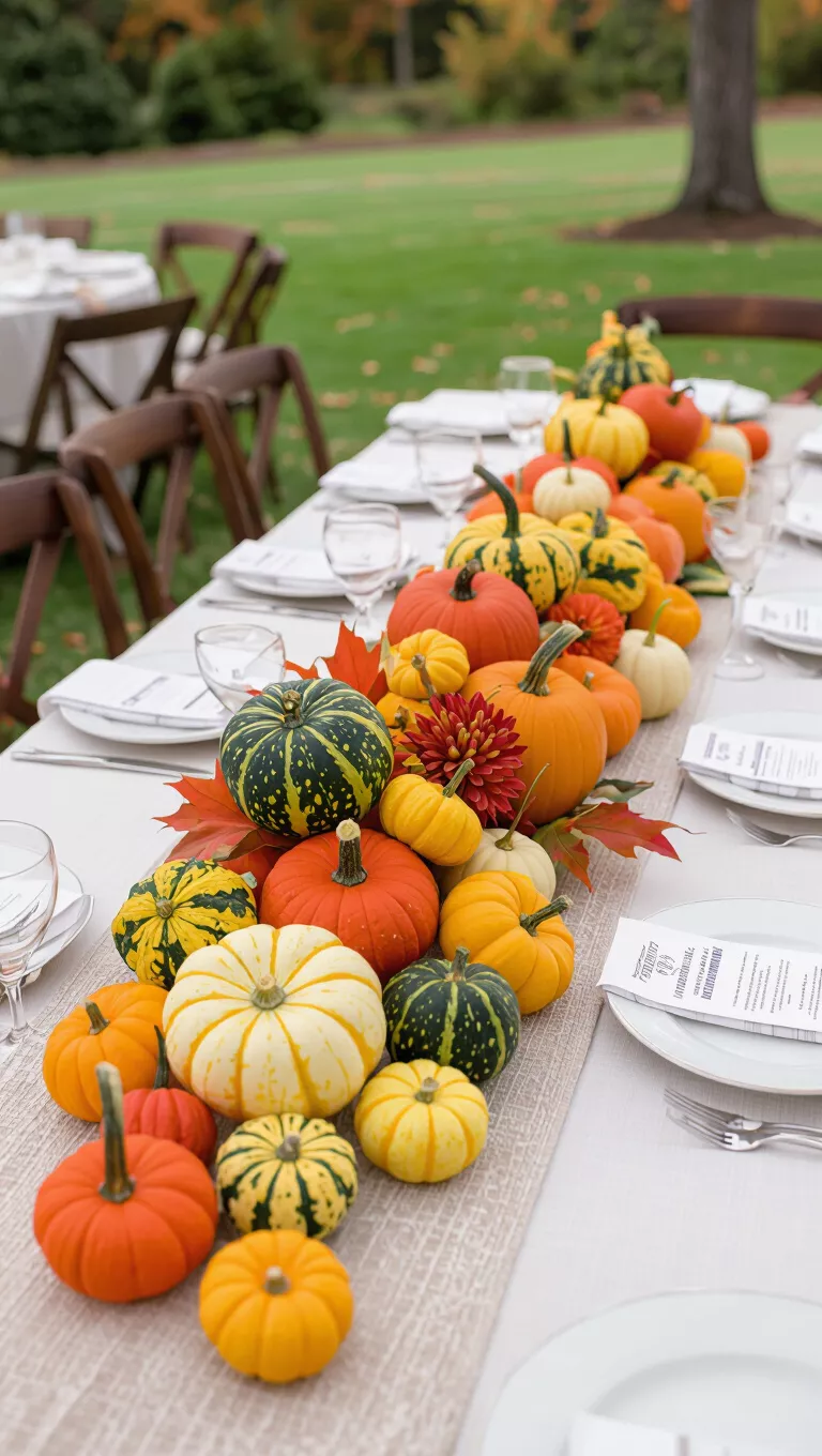 A professional photo, similar to a photo in a wedding magazine, of a fall wedding table with an artful arrangement of various small, heirloom pumpkins and gourds as the centerpiece.