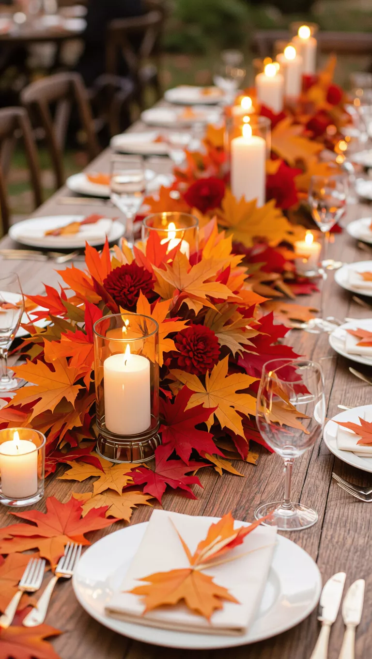A professional photo, similar to a photo in a wedding magazine, of a fall wedding table with vibrant red, orange, and gold leaves arranged as a centerpiece, with flickering candlelight.