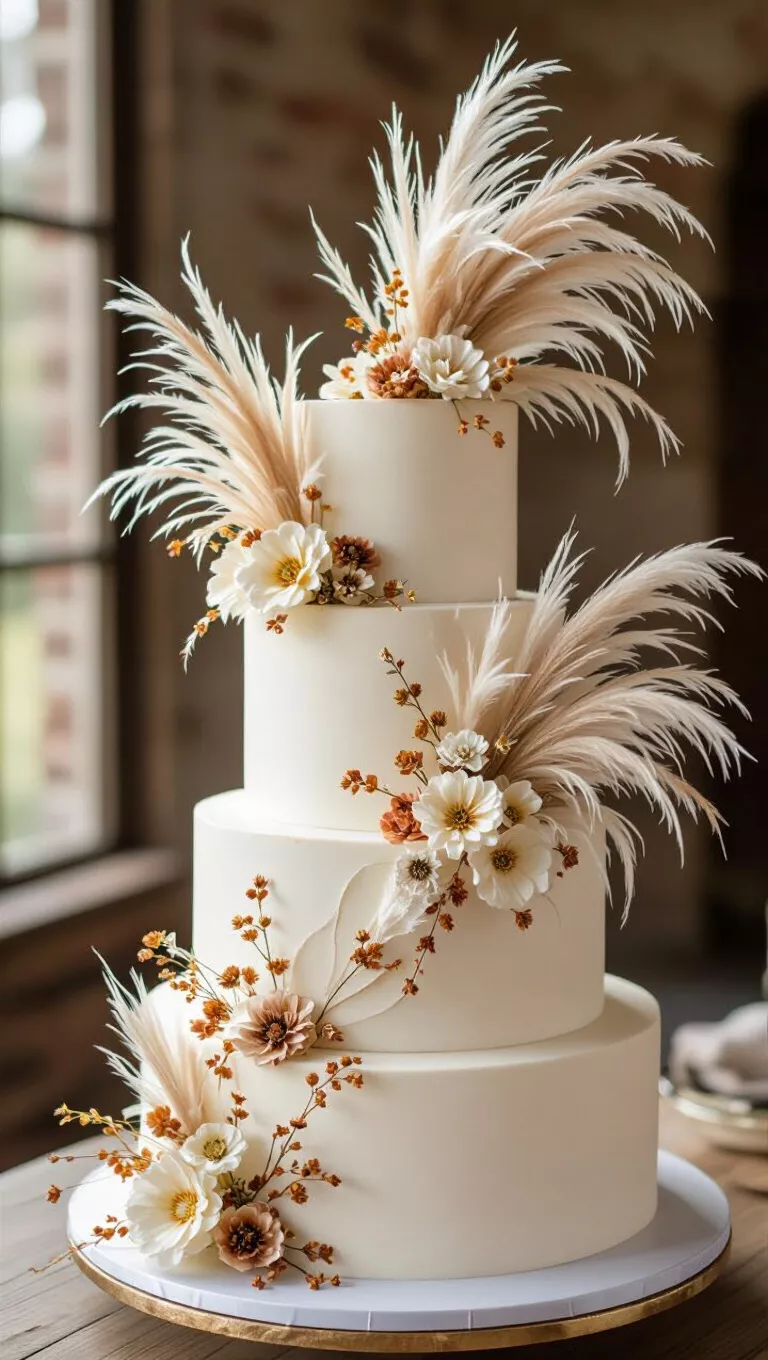 A professional photo, similar to a photo in a wedding magazine, of a multi-tiered fall wedding cake elegantly decorated with ethereal pampas grass plumes and subtle dried flowers.