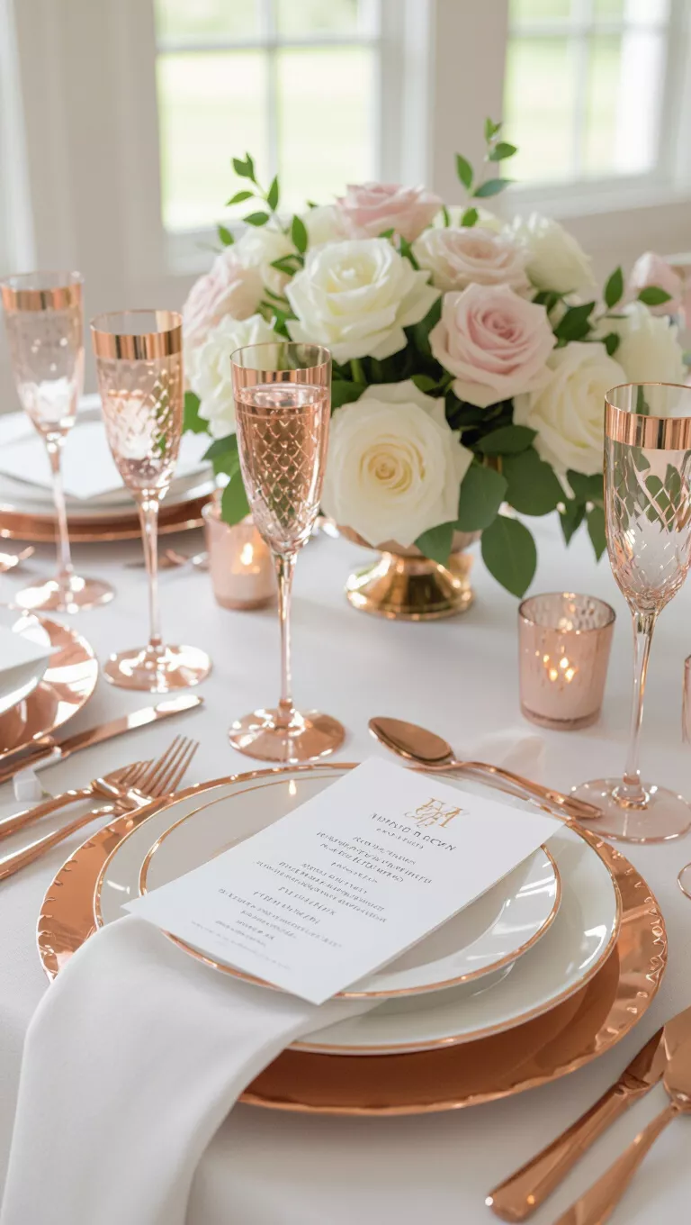 A professional photo, similar to a photo in a wedding magazine, of rose gold flatware and champagne flutes on a white wedding table setting.