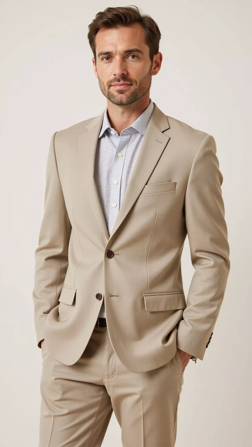 A professional photo, similar to a photo in a wedding magazine, of a man wearing a lightweight khaki suit, a subtle patterned shirt, and no tie.