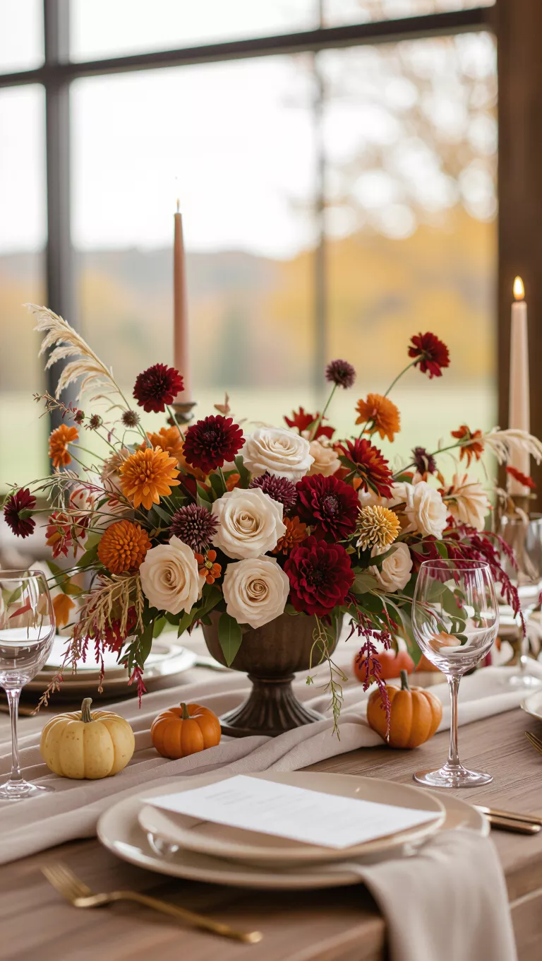 A professional photo, similar to a photo in a wedding magazine, of a fall wedding table with a beautiful centerpiece featuring an array of carefully arranged dried flowers in muted fall colors.