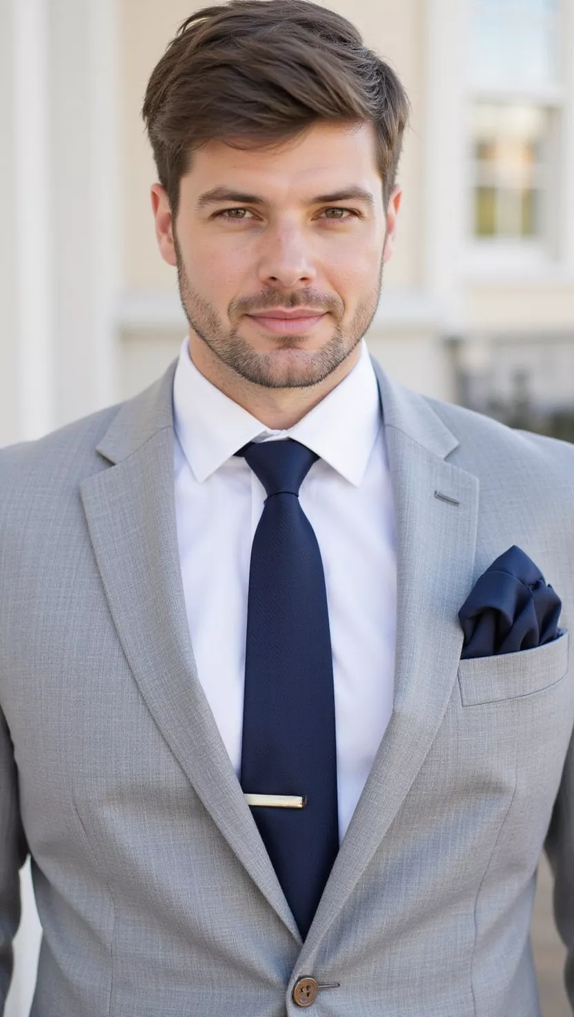 A professional photo, similar to a photo in a wedding magazine, of a man wearing a light grey suit, a white dress shirt, a navy tie, and a matching navy pocket square.