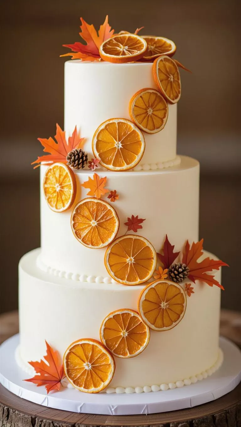 A professional photo, similar to a photo in a wedding magazine, of a fall wedding cake adorned with translucent, decorative dried orange slices and complementary autumnal elements.