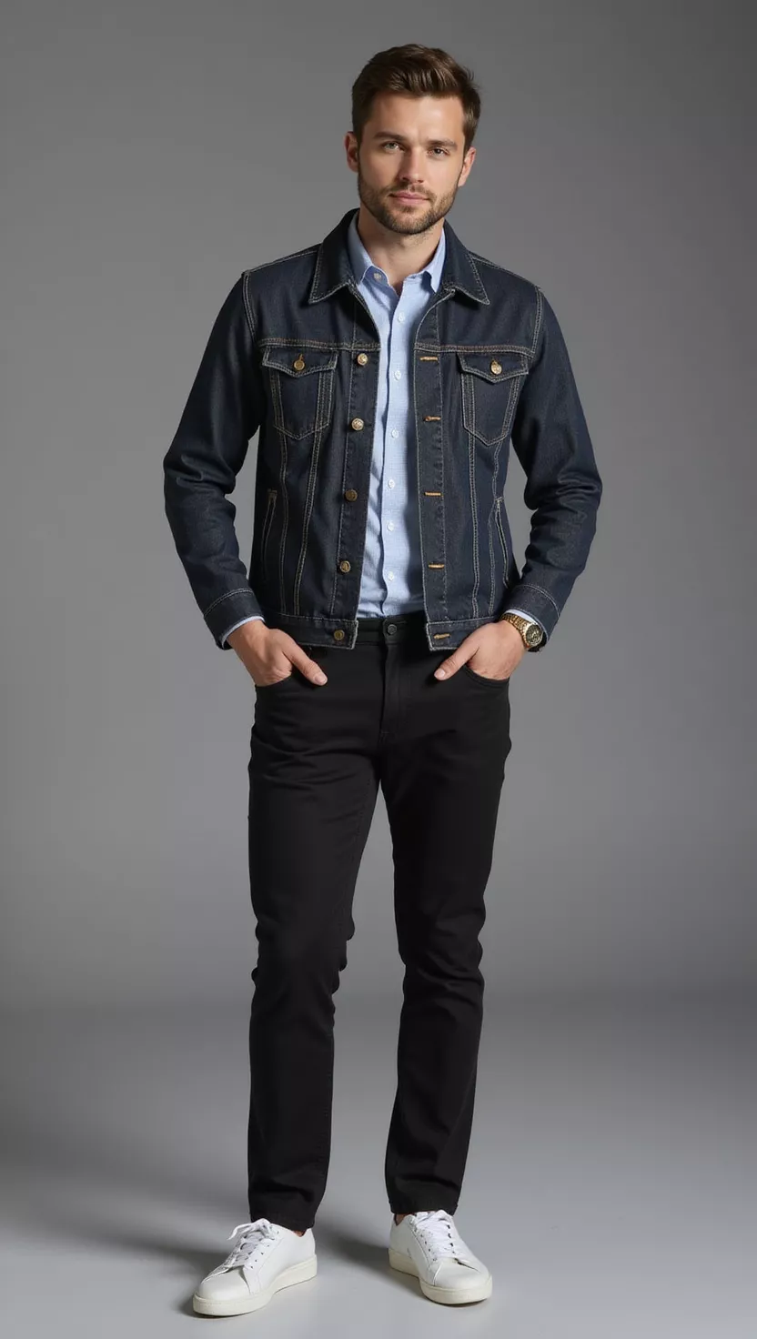A professional photo, similar to a photo in a wedding magazine, of a man wearing a dark wash denim jacket over a smart shirt, tailored black dress pants, and clean sneakers.