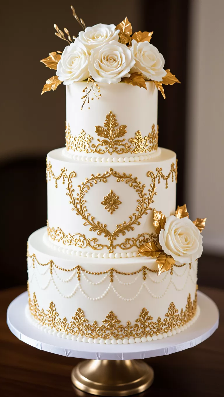A professional photo, similar to a photo in a wedding magazine, of a sophisticated fall wedding cake featuring intricate gold piped designs, delicate patterns, and luxurious edible gold accents.