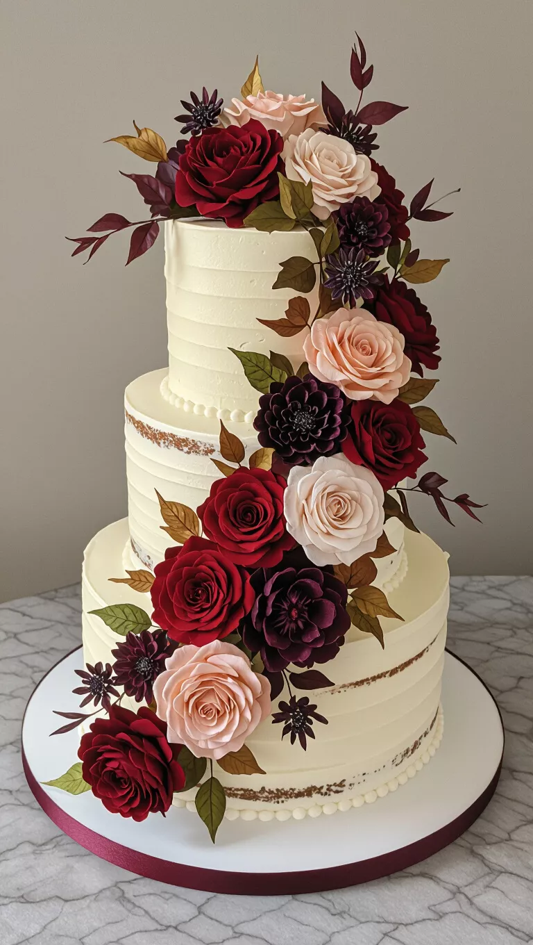 A professional photo, similar to a photo in a wedding magazine, of a buttercream wedding cake decorated with dramatic and moody floral arrangements in deep autumnal hues.