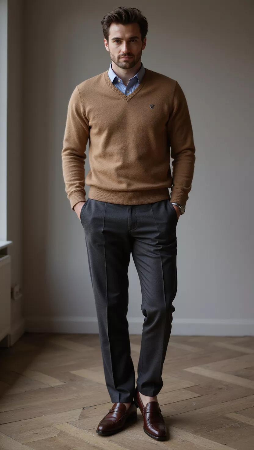 A professional photo, similar to a photo in a wedding magazine, of a man wearing charcoal wool trousers, a luxurious camel cashmere sweater, and smart leather loafers.