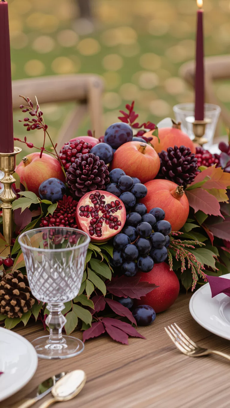 A professional photo, similar to a photo in a wedding magazine, of a fall wedding table with a centerpiece incorporating plums, pomegranates, and dark grapes scattered among foliage.
