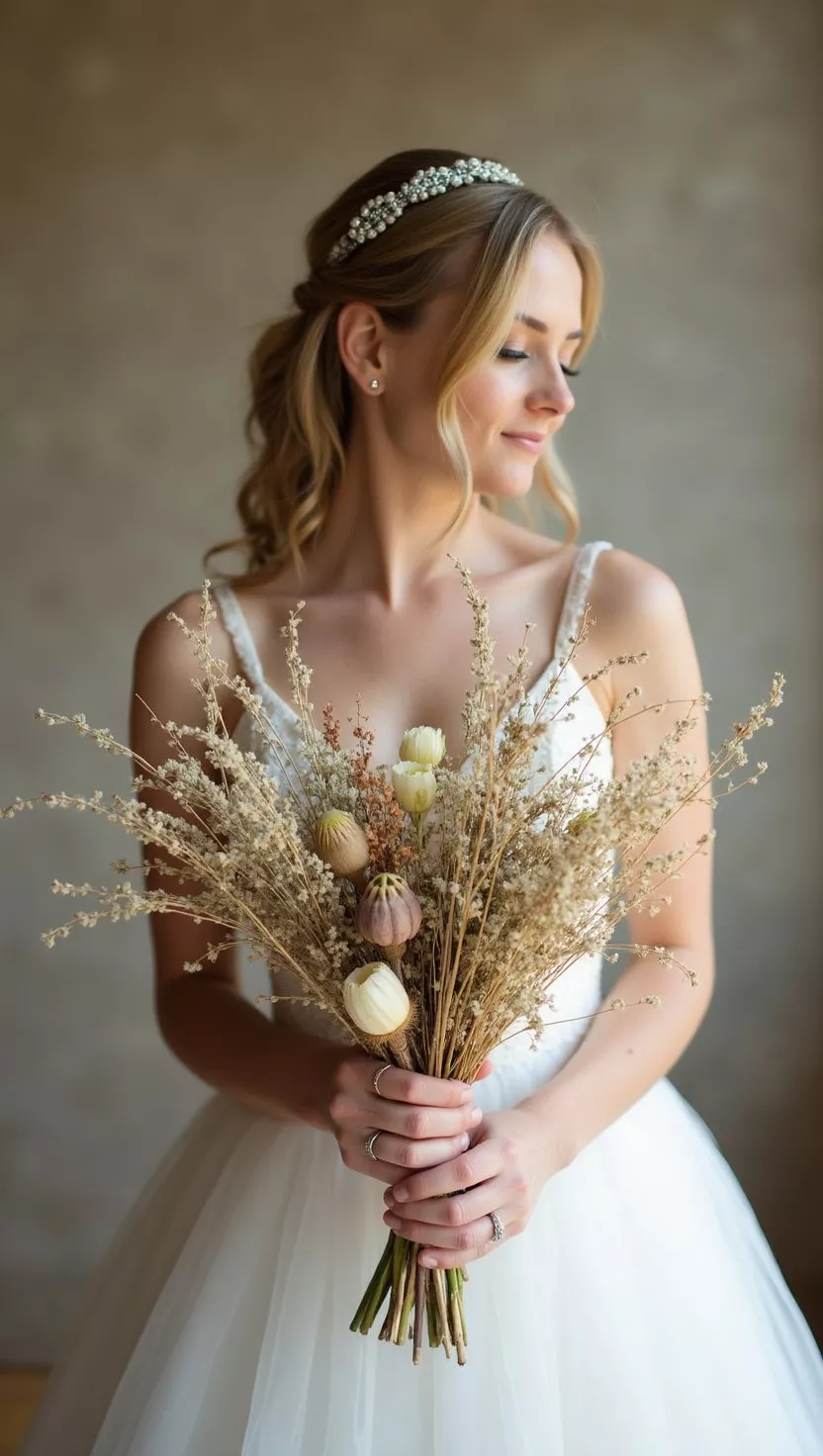 A professional photo, similar to a photo in a wedding magazine, of a bride holding a bouquet with dried florals, offering a vintage and textural look.