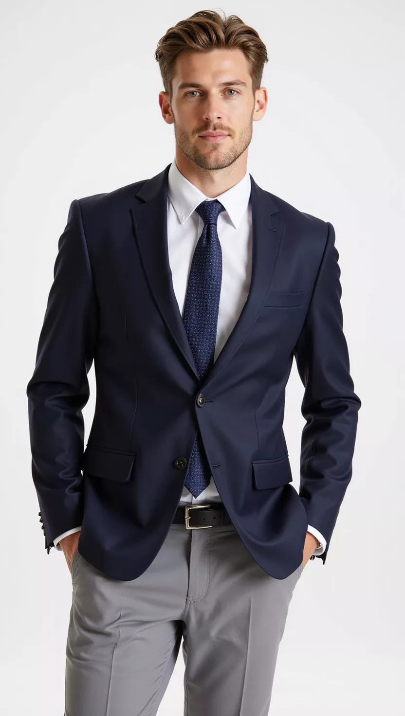 A professional photo, similar to a photo in a wedding magazine, of a man wearing a sharp navy blazer, well-fitted light grey trousers, a white shirt, and a dark blue tie.