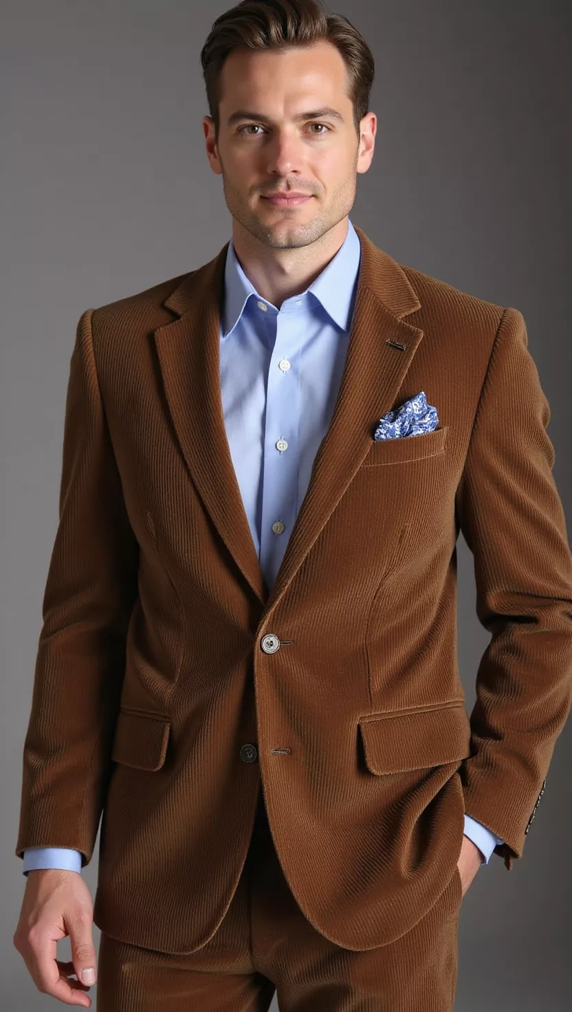 A professional photo, similar to a photo in a wedding magazine, of a man wearing a full corduroy suit in a rich earthy brown, a light blue dress shirt, and a patterned pocket square.