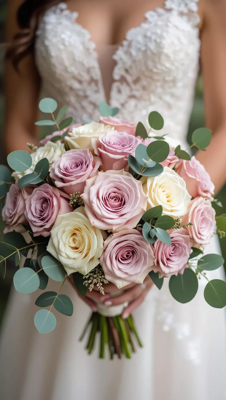 A professional photo, similar to a photo in a wedding magazine, of a bridal bouquet featuring dusty rose, pale pink, and cream colored roses with eucalyptus.
